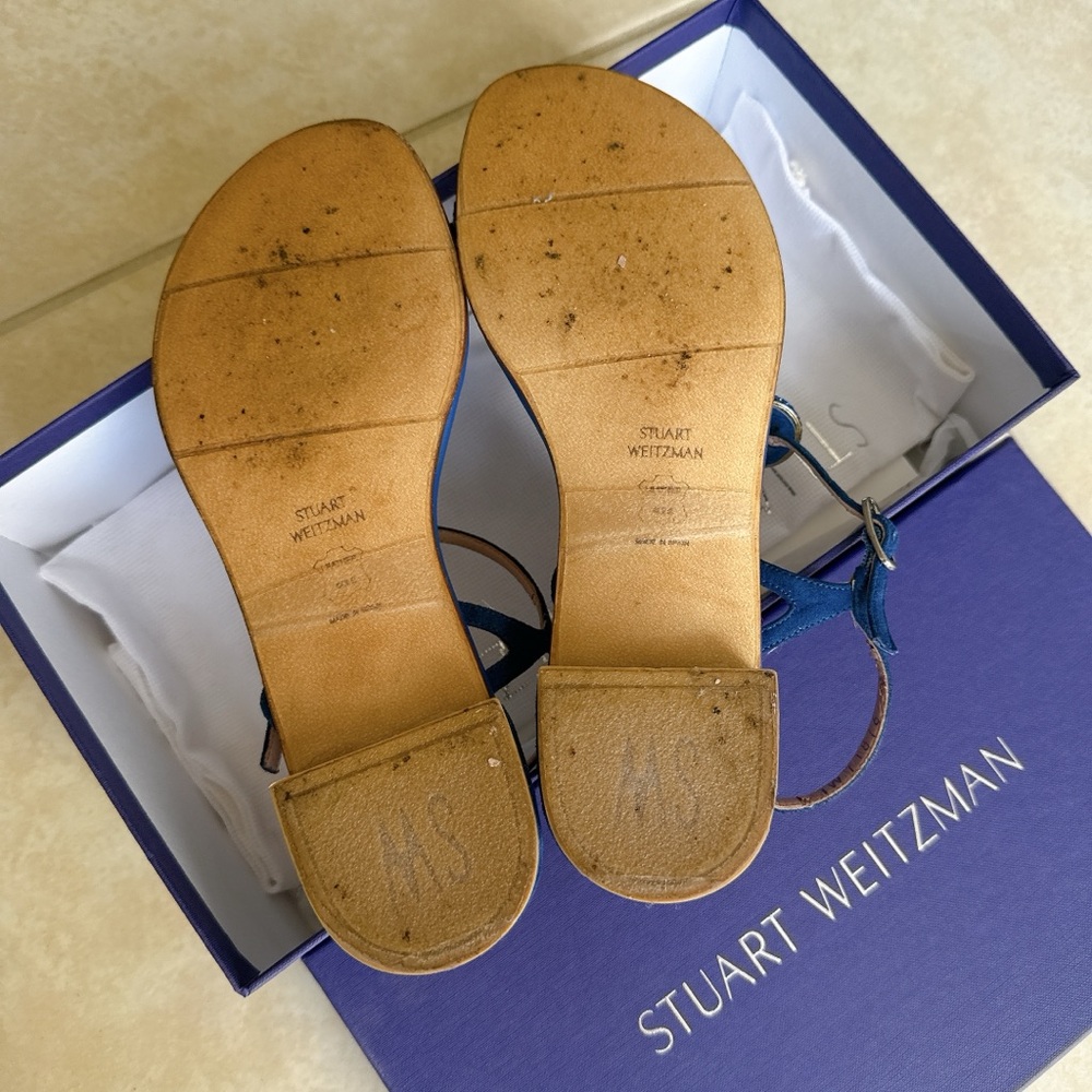 Stuart Weitzman Royal Blue Leather T-Strap Sandals - Picture 4 of 6